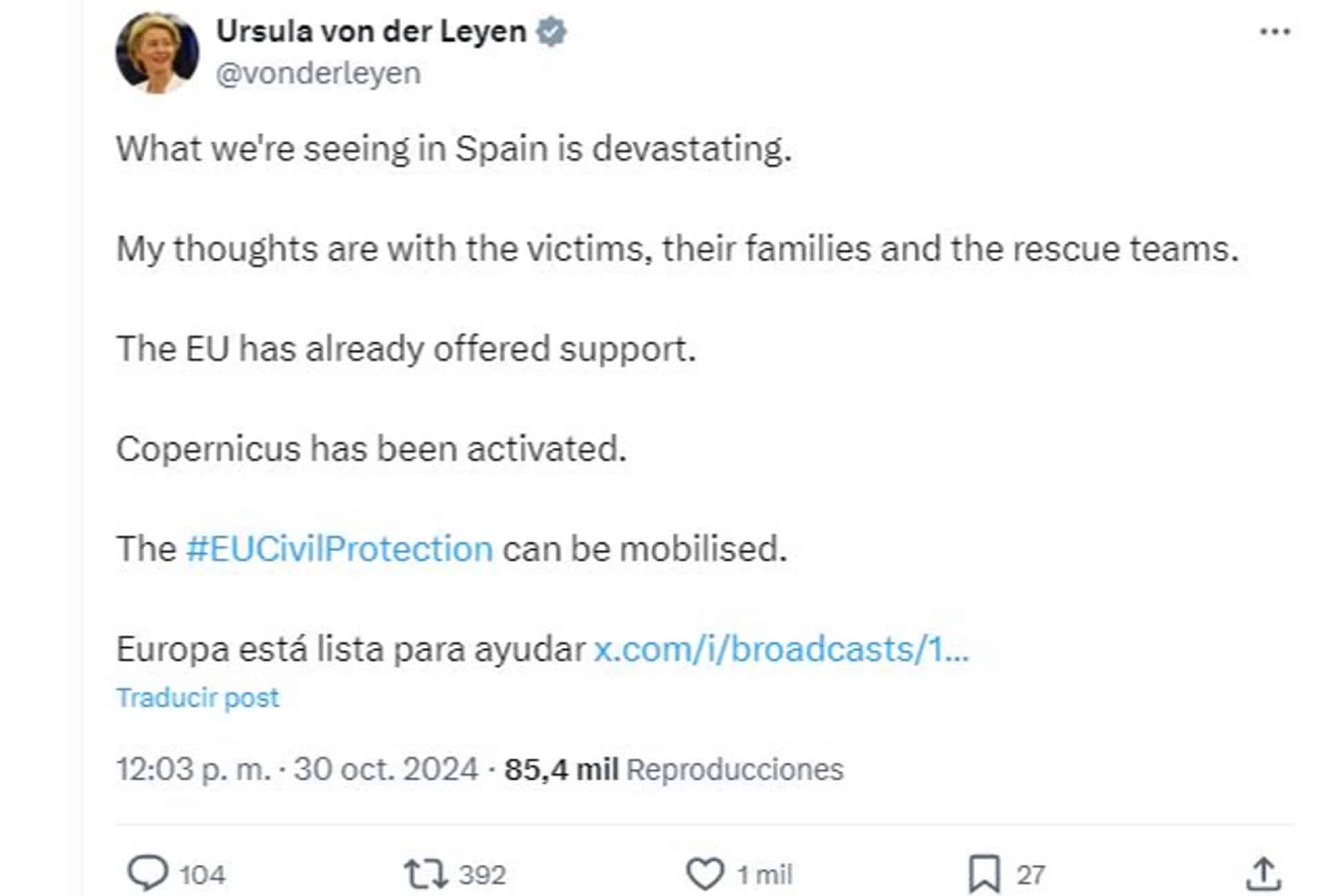 La presidenta de la Comisión Europea (CE), Ursula von der Leyen, anunció este miércoles que se ha activado el sistema de satélites Copérnico, encargado de la observación y monitorización de la Tierra, para ayudar a coordinar a los equipos de rescate que hacen frente a los efectos de la DANA en España. EFE/ Von Der Leyen Vía X - SOLO USO EDITORIAL/SOLO DISPONIBLE PARA ILUSTRAR LA NOTICIA QUE ACOMPAÑA (CRÉDITO OBLIGATORIO) -