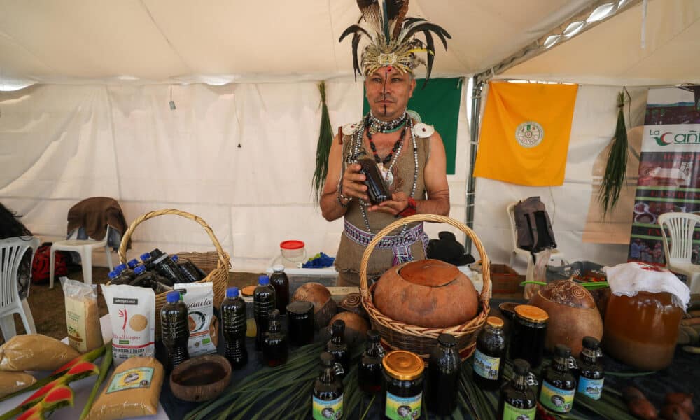 Un hombre con un traje típico de indígena Yumbo vende productos orgánicos, durante el séptimo Festival del Chocó Andino, el 12 de octubre de 2024, en la población de Calacalí, al noroccidente de Quito (Ecuador). EFE/ José Jácome