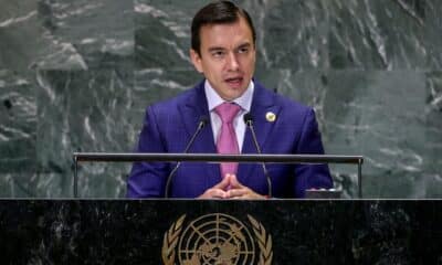 Fotografía del 23 de septiembre en donde se ve al presidente de Ecuador, Daniel Noboa, durante una intervención en las Naciones Unidas, en Nueva York. EFE/SARAH YENESEL