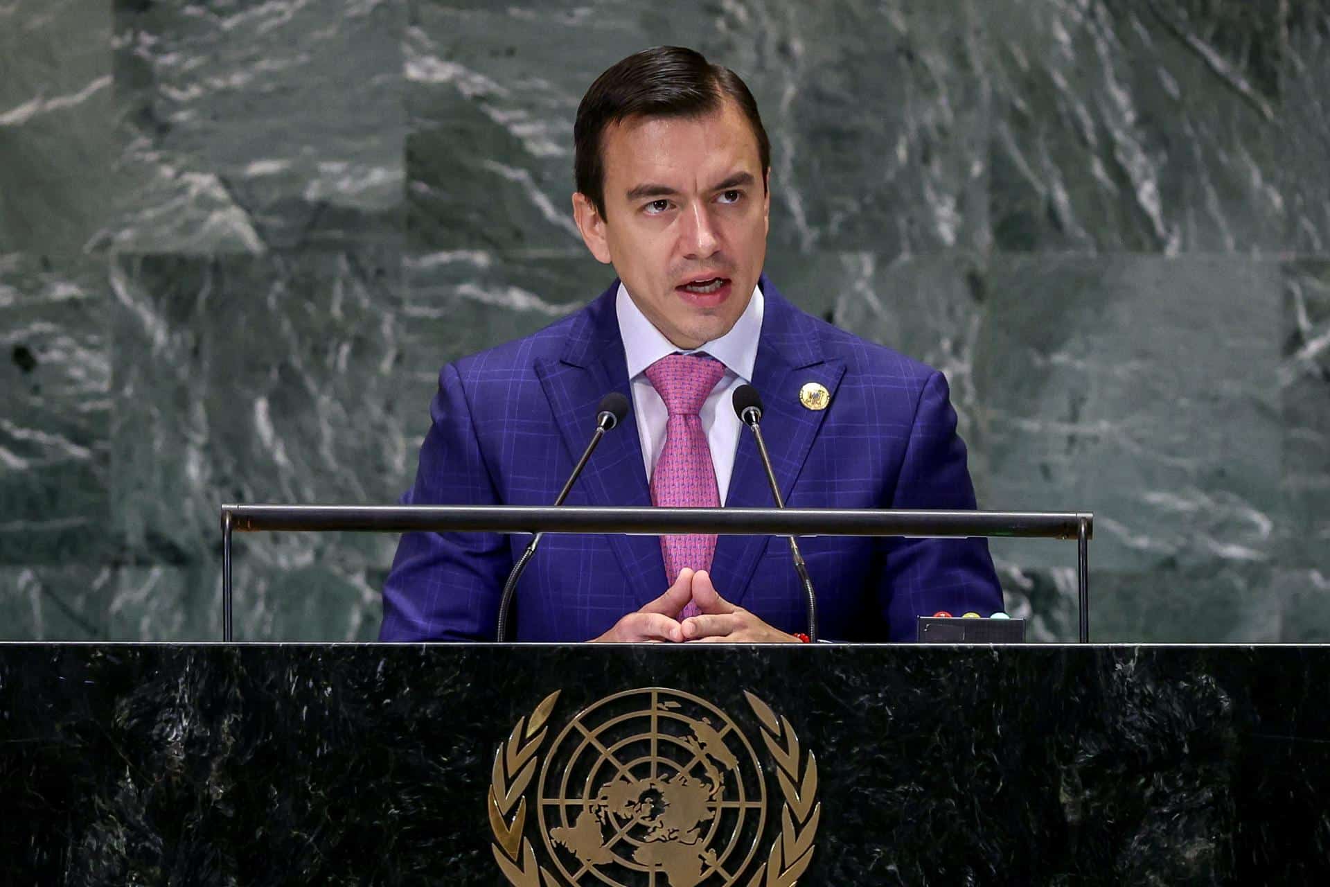 Fotografía del 23 de septiembre en donde se ve al presidente de Ecuador, Daniel Noboa, durante una intervención en las Naciones Unidas, en Nueva York. EFE/SARAH YENESEL