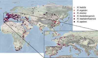 Mapa de África y Eurasia que muestra yacimientos con indicios de ocupación humana. El recuadro muestra una vista ampliada de Europa. Crédito: Instituto de Ciencias Básicas