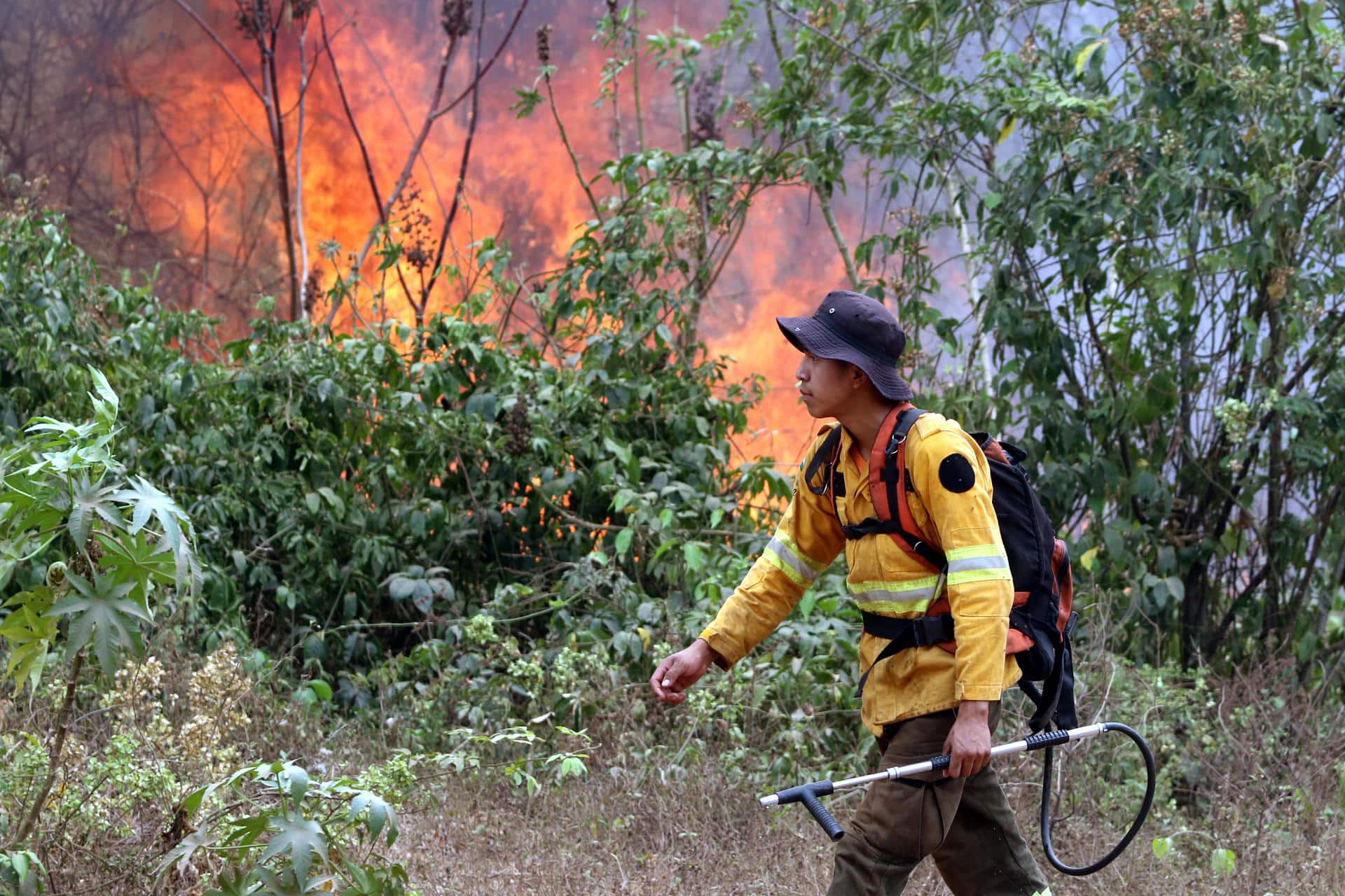 Fotografía de archivo de un bombero trabaja apagando un incendio en la comunidad de Palestina (Bolivia). EFE/ Juan Carlos Torrejón