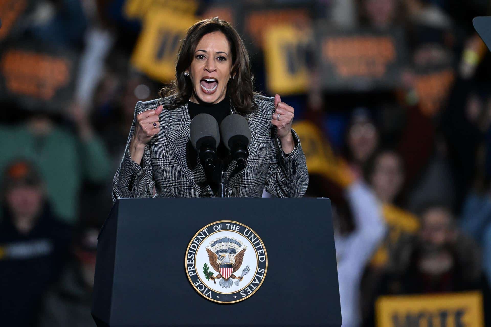 La vicepresidenta estadounidense y candidata presidencial demócrata, Kamala Harris, se dirige a la multitud en su mitin de campaña en Burns Park en Ann Arbor, Michigan, EE.UU., el 28 de octubre de 2024. EFE/LON HORWEDEL