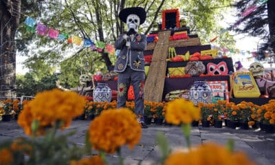 Fotografía del 19 de octubre de 2024 de un hombre disfrazado de catrín frente a una mega ofrenda de Día de Muertos, en la antigua Hacienda San Mateo del municipio de Atlixco (México). EFE/ Hilda Ríos