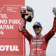 El piloto italiano de Ducati Lenovo, Francesco Bagnaia, celebra en el podio después de ganar la carrera de MotoGP del Gran Premio de Japón de Motociclismo en Motegi, al norte de Tokio. EFE/EPA/FRANCK ROBICHON