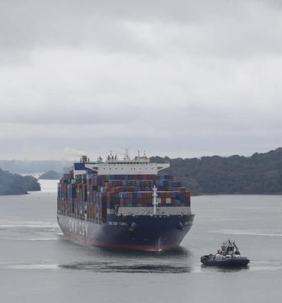 Un buque portacontenedor transita por las esclusas de Agua Clara este viernes, en el Canal de Panamá (Panamá). EFE/Bienvenido Velasco