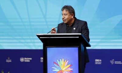 El vicepresidente de Bolivia, David Choquehuanca, habla durante el segmento de alto nivel de la Conferencia de la ONU sobre Biodiversidad Biológica (COP16), este martes, en Cali (Colombia). EFE/ Ernesto Guzmán Jr.