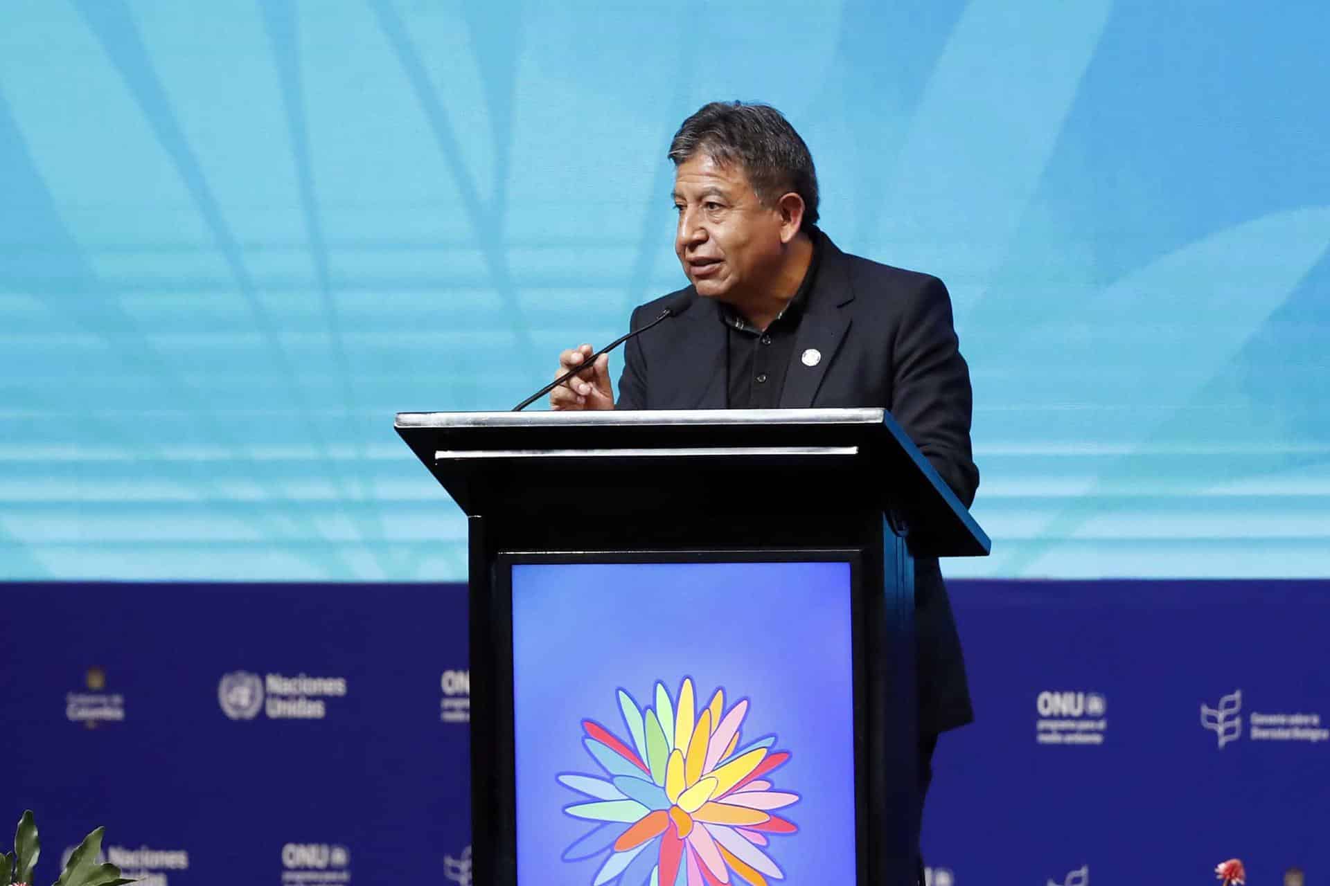 El vicepresidente de Bolivia, David Choquehuanca, habla durante el segmento de alto nivel de la Conferencia de la ONU sobre Biodiversidad Biológica (COP16), este martes, en Cali (Colombia). EFE/ Ernesto Guzmán Jr.