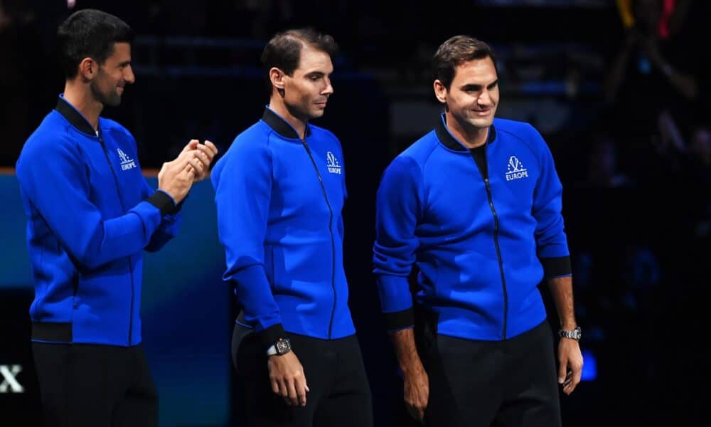 De izq. a der.: Novak Djokovic, Rafael Nadal y Roger Federer, al inicio de la Copa Laver de 2022. EFE/EPA/ANDY RAIN