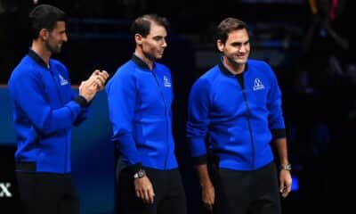 De izq. a der.: Novak Djokovic, Rafael Nadal y Roger Federer, al inicio de la Copa Laver de 2022. EFE/EPA/ANDY RAIN