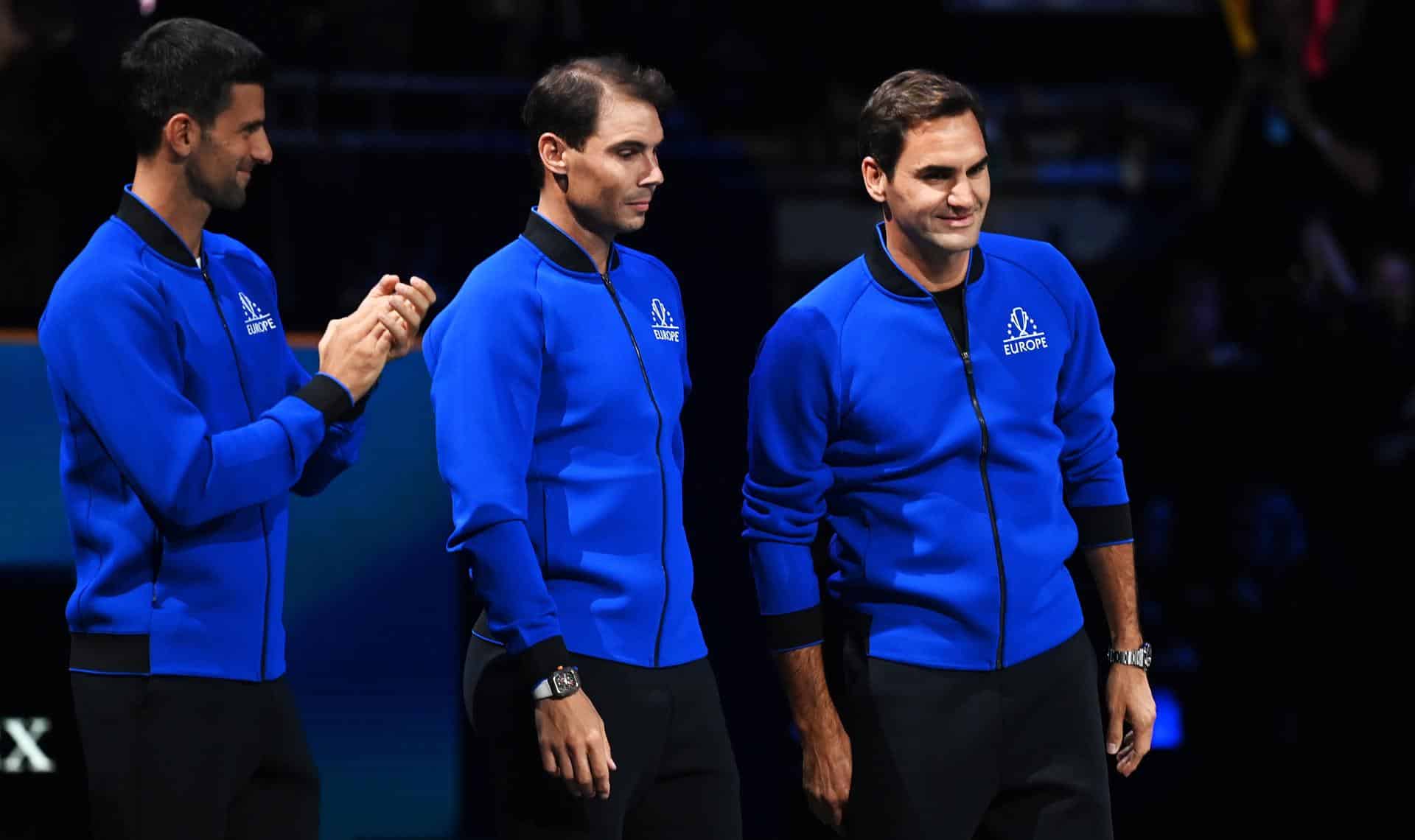 De izq. a der.: Novak Djokovic, Rafael Nadal y Roger Federer, al inicio de la Copa Laver de 2022. EFE/EPA/ANDY RAIN