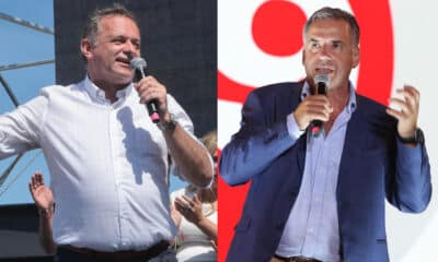 Combo de fotografías donde aparece el candidato a la Presidencia de Uruguay por el oficialista Partido Nacional, Álvaro Delgado (i) y el candidato a la Presidencia de Uruguay por la coalición izquierda Frente Amplio, Yamandú Orsi. EFE/ Gaston Britos / STR