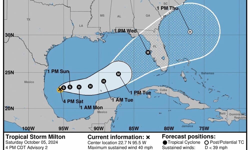 Imagen cedida el Centro Nacional de Huracanes (NHC) estadounidense del pronóstico de cinco día del paso de la tormenta tropical Milton en el Golfo de México. EFE/NHC