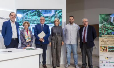 Presentación en rueda de prensa del Congreso Internacional 'Los franciscanos en la América hispana: revisión e interpretación del legado de los Doce Apóstoles de México', a la que asiste la consejera de Cultura, Turismo, Jóvenes y Deportes, Victoria Bazaga; el director de la Fundación Academia Europea de Yuste, Juan Carlos Moreno, y la directora de la Real Academia de Extremadura de las Artes y las Letras, María del Mar Lozano. EFE/Jero Morales