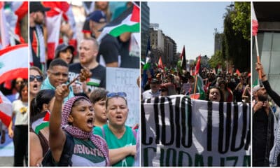 Combo de fotografías de manifestantes participando en protestas pro Palestina este 5 de octubre de 2024, desde la izquierda, Quito (Ecuador), Orlando (Estados Unidos), Santiago (Chile) y Caracas (Venezuela). EFE/ José Jacome/ Cristobal Herrera/ Ailen Díaz/ Ronald Peña