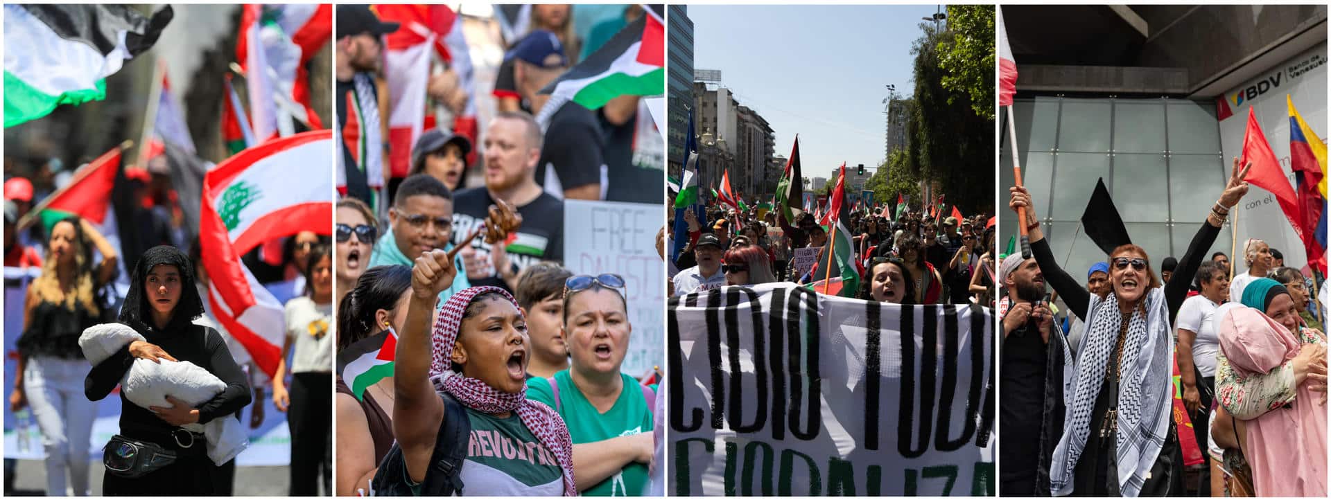 Combo de fotografías de manifestantes participando en protestas pro Palestina este 5 de octubre de 2024, desde la izquierda, Quito (Ecuador), Orlando (Estados Unidos), Santiago (Chile) y Caracas (Venezuela). EFE/ José Jacome/ Cristobal Herrera/ Ailen Díaz/ Ronald Peña