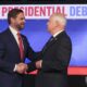 El candidato a vicepresidente republicano JD Vance (i) y el gobernador de Minnesota y candidato a vicepresidente demócrata Tim Walz (d) durante el debate vicepresidencial en el Centro de Transmisiones de CBS en Nueva York. EFE/EPA/SARAH YENESEL