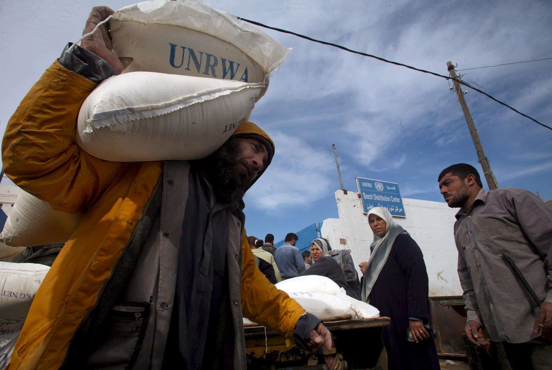 Fotografía de archivo que muestra a palestinos que recogen sacos de harina en el almacén de la agencia de la ONU para los refugiados palestinos (UNRWA) en el campo de refugiados de Shati, en Ciudad de Gaza. EFE/Ali Ali