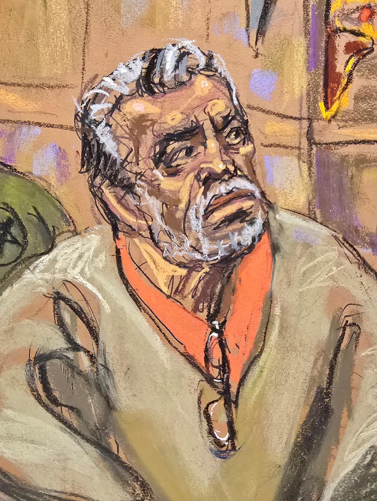 Fotografía de un dibujo realizado por la artista Jane Rosenberg del narcotraficante mexicano Ismael 'el Mayo' Zambada durante el juicio realizado en el Tribunal Federal de Brooklyn este viernes 18 de octubre en Nueva York (Estados Unidos). EFE/ Jane Rosenberg