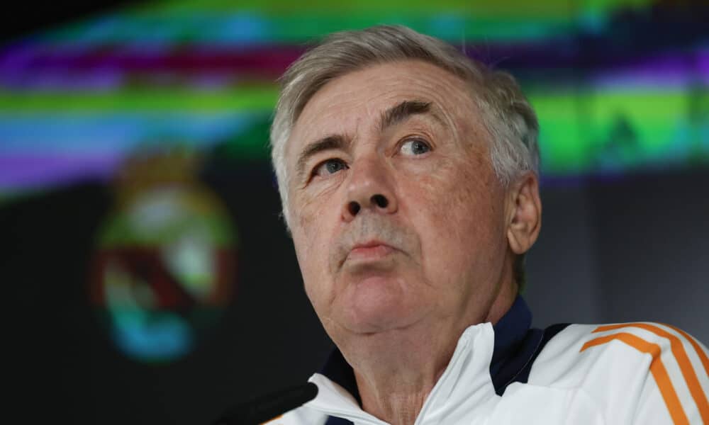 El entrenador italiano del Real Madrid, Carlo Ancelotti durante la rueda de prensa tras el entrenamiento del equipo en la Ciudad Deportiva de Valdebebas. EFE/Juan Carlos Hidalgo