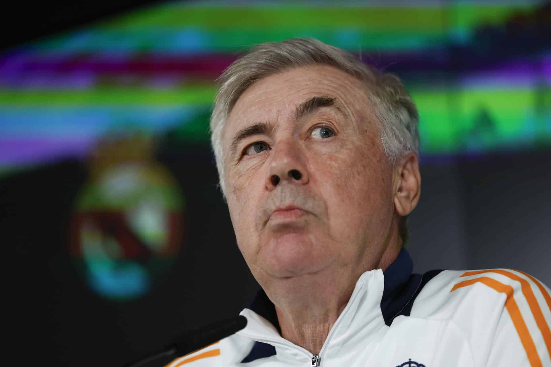 El entrenador italiano del Real Madrid, Carlo Ancelotti durante la rueda de prensa tras el entrenamiento del equipo en la Ciudad Deportiva de Valdebebas. EFE/Juan Carlos Hidalgo