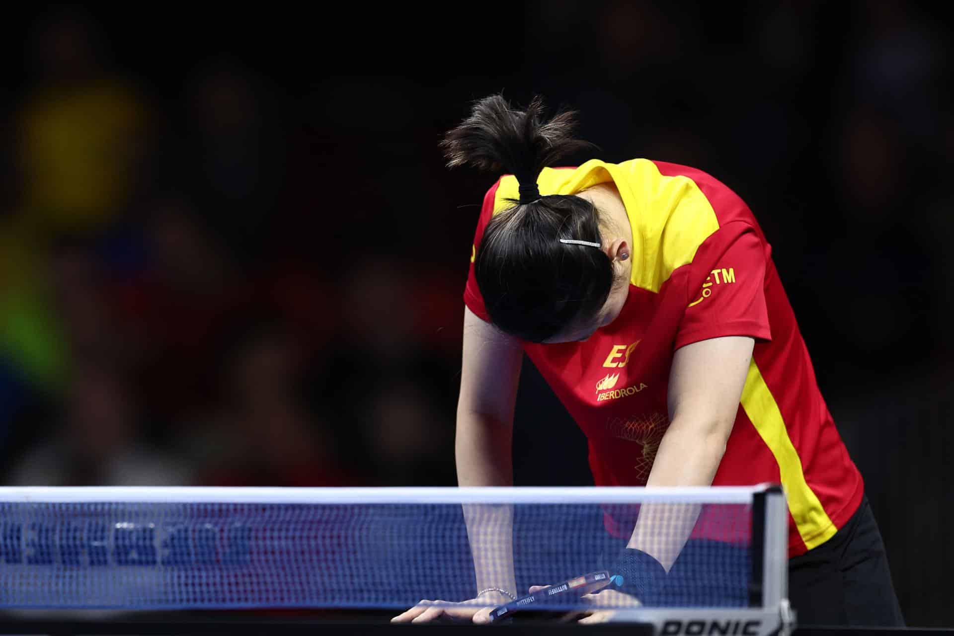 La española Maria Xiao durante el partido de semifinales individual femenino contra Bernadette Szocs de Rumania en el Campeonato Europeo de Tenis de Mesa en Linz, Austria. EFE/EPA/ANNA SZILAGYI