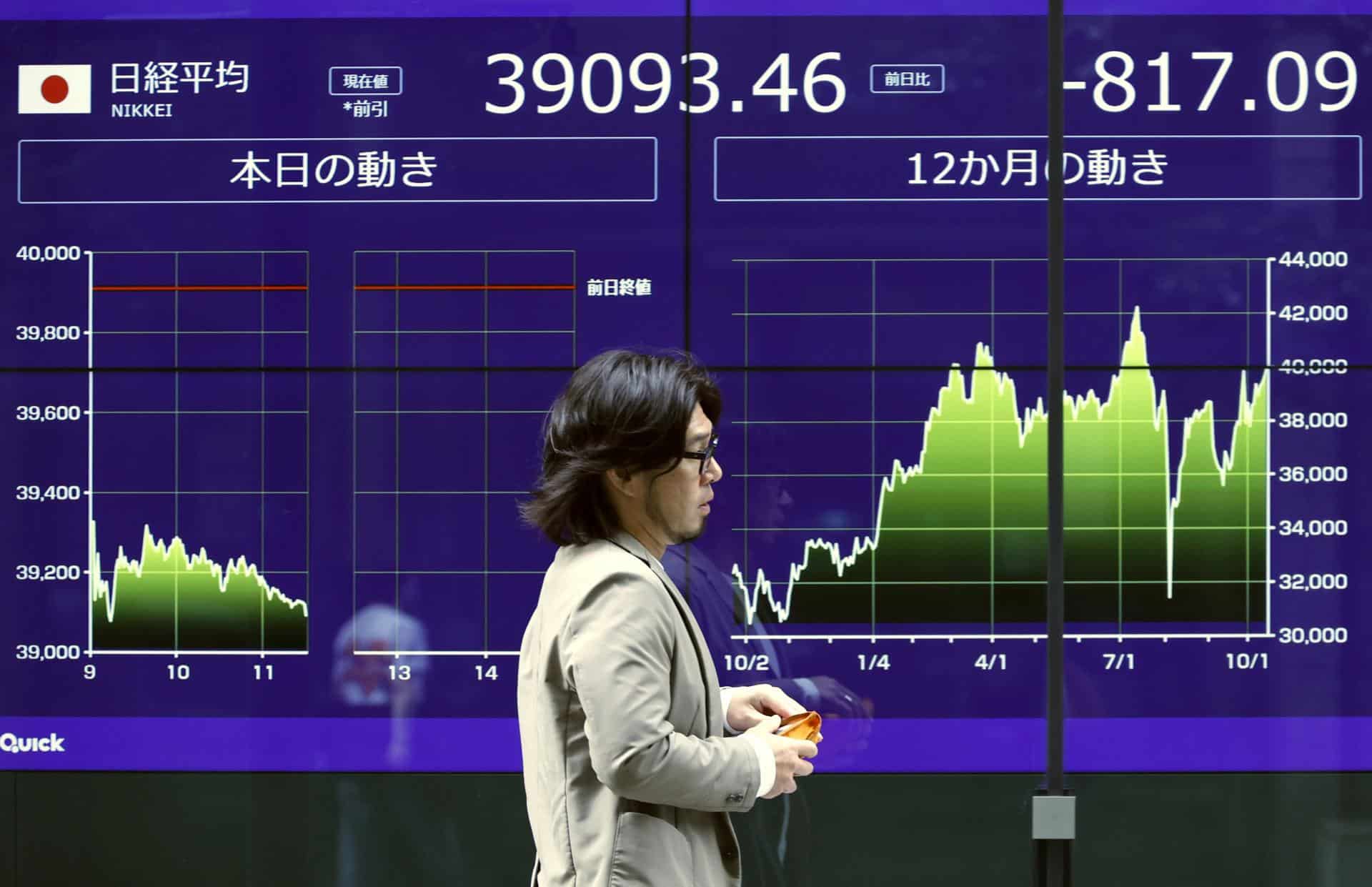 Foto de archivo de un transeúnte que pasa junto a un panel indicador del mercado de valores en Tokio,cuando la bolsa nipona cayó tras las pérdidas registradas en Wall Street. EFE/EPA/Franck Robichon