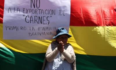 Una mujer aimara protesta por el alza de precios en la carne este lunes, en La Paz (Bolivia).EFE/Luis Gandarillas