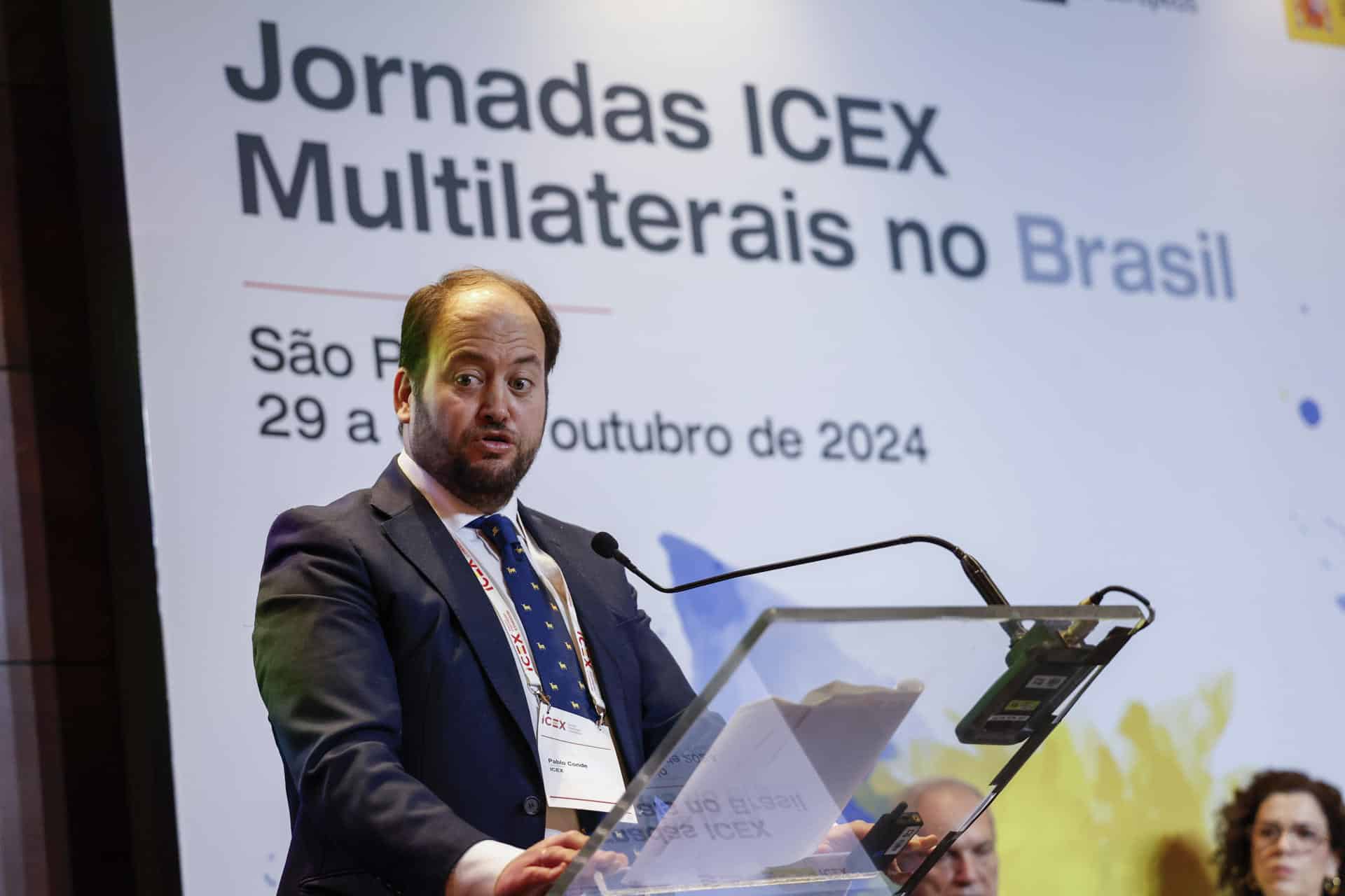 El director general de Internacionalización de la Empresa - ICEX, Pablo Conde, habla durante un foro de inversiones organizado por ICEX España Exportación e Inversiones este miércoles en Sao Paulo (Brasil). EFE/ Sebastiao Moreira