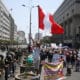 Un hombre grita durante un paro convocado por gremios de transporte y comercio este miércoles, frente al Congreso Nacional en Lima (Perú). EFE/ Paolo Aguilar