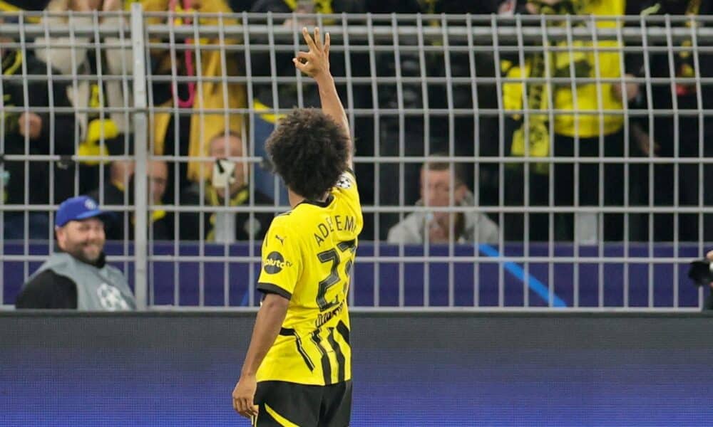 Karim Adeyemi del Dortmund después de marcar el 5-1 durante el partido de la Champions League entre el Borussia Dortmund y el Celtic en Dortmund, Alemania. EFE/EPA/FRIEDEMANN VOGEL