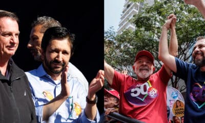 Combo de fotografías de el alcalde de São Paulo, Ricardo Nunes (2i), con el exmandatario ultraderechista Jair Bolsonaro (1i) (2019-2022) y el diputado Guilherme Boulos (2d), candidato apoyado por el presidente brasileño, Luiz Inácio Lula da Silva (1d), durante campañas electorales en Sao Paulo (Brasil). EFE/ Sebastiao Moreira