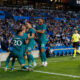 El jugador del Anderlecht Theo Leoni (2i) celebra con sus compañeros el 1-2 conseguido, durante el partido de Liga Europa que disputan este jueves en el estadio Reale Arena de San Sebastián. EFE/Juan Herrero