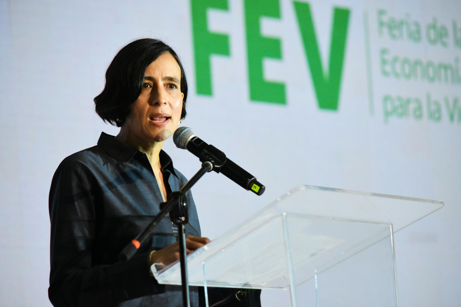 La ministra de Ambiente de Colombia, Susana Muhamad, habla durante la Feria de Economías para la vida en Barranquilla (Colombia). EFE/ Aleidys Coll