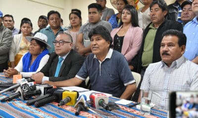 Fotografía del 4 de octubre de 2024 en donde se ve al expresidente boliviano Evo Morales (2006-2019) mientras habla en una rueda de prensa en Cochabamba (Bolivia). EFE/Jorge Abrego