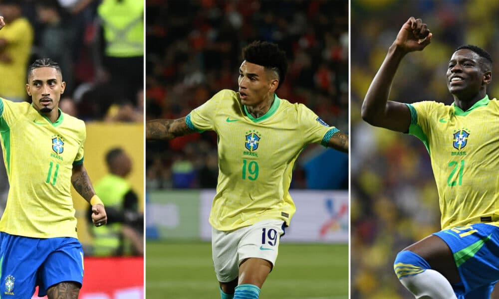 Combo de fotografías donde aparecen los jugadores de la selección brasileña de fútbol Raphinha (i) Igor Jesus (c) y Luiz Henrique. EFE/ Andre Borges / Elvis González