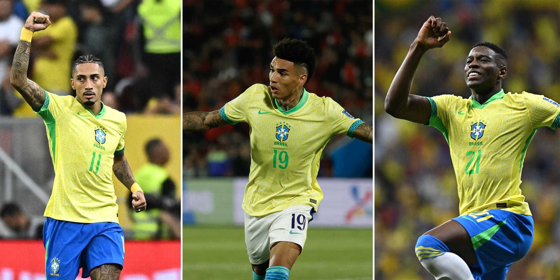 Combo de fotografías donde aparecen los jugadores de la selección brasileña de fútbol Raphinha (i) Igor Jesus (c) y Luiz Henrique. EFE/ Andre Borges / Elvis González