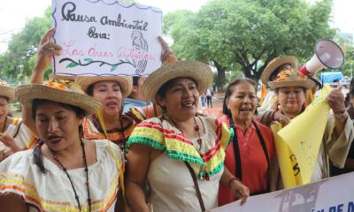 Mujeres indígenas asisten a una manifestación contra los incendios forestales este viernes, en Santa Cruz (Bolivia). Decenas de mujeres indígenas de Bolivia marcharon en la región oriental de Santa Cruz en defensa de sus territorios y contra los incendios forestales que ya dejaron millones de hectáreas devastadas, entre bosques y pastizales. EFE/ Juan Carlos Torrejon