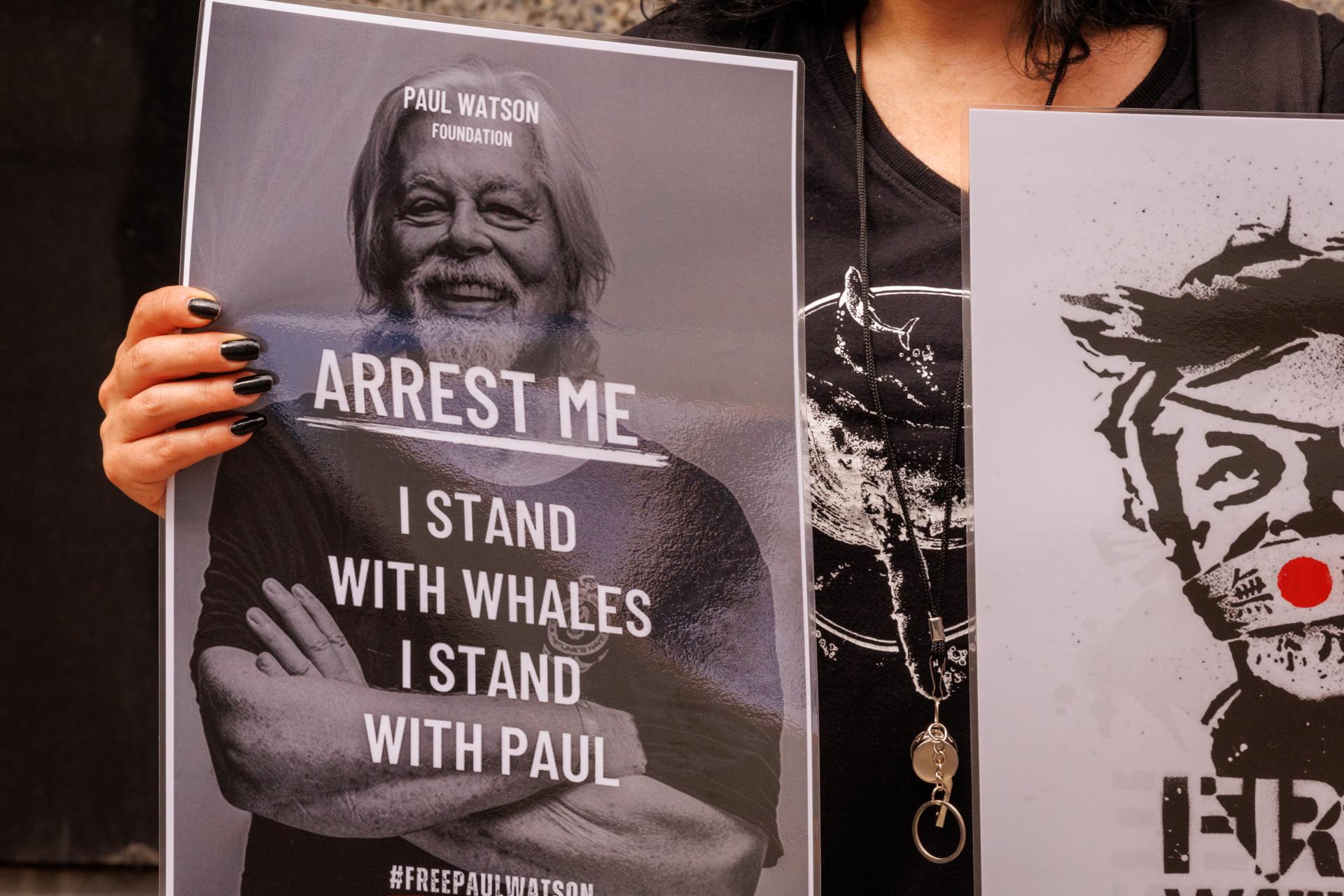 Brussels (Belgium), 02/08/2024.- Peaceful citizens rally in support of NGO 'Sea Shepherd' founder Paul Watson to demand his immediate release in front of the Embassy of Denmark in Brussels, Belgium, 02 August 2024. Captain Paul Watson was arrested by Danish police on 21 July 2024 in Greenland, while he was making a stopover with his boat to refuel. Paul Watson and his crew were heading to the North Pacific to stop the Japanese ship 'Kangei Maru' from killing whales. Paul Watson is now in detention and risks being extradited to Japan, since it is this country which in 2012 issued an arrest warrant against him for 'conspiracy to board'. (Bélgica, Dinamarca, Groenlandia, Japón, Bruselas) EFE/EPA/OLIVIER MATTHYS