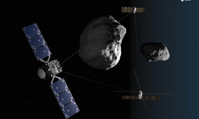 Una vez desplegados, los dos CubeSats de Hera permanecerán conectados a su nave nodriza. Crédito de la recreación: ESA-Science Office.