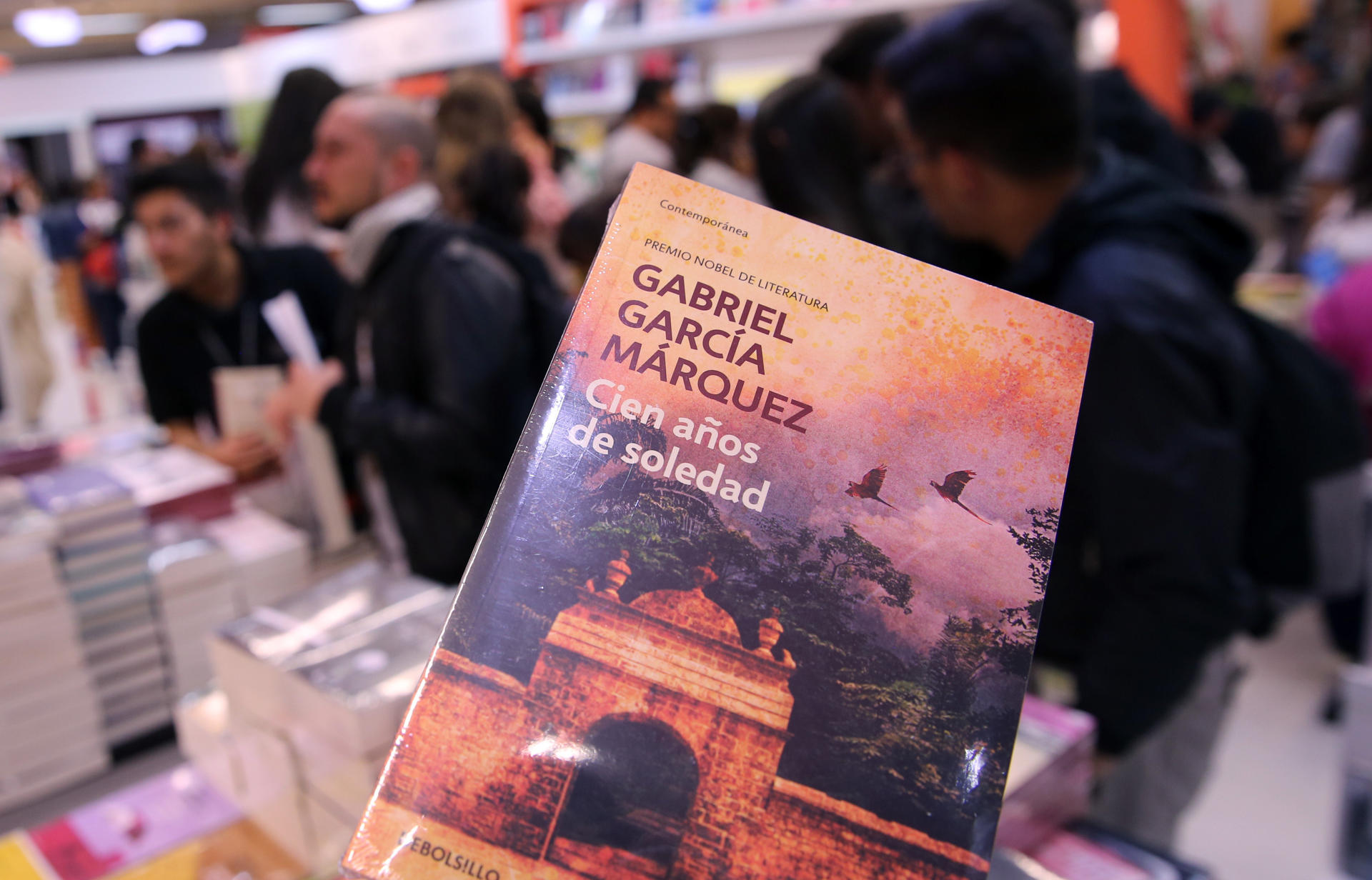 Fotografía del 30 de abril de 2017 de asistentes a la XXX Feria Internacional del Libro de Bogotá (Filbo) mientras observan el libro "Cien Años de Soledad", del escritor colombiano Gabriel García Márquez, en Bogotá (Colombia). EFE/Mauricio Dueñas