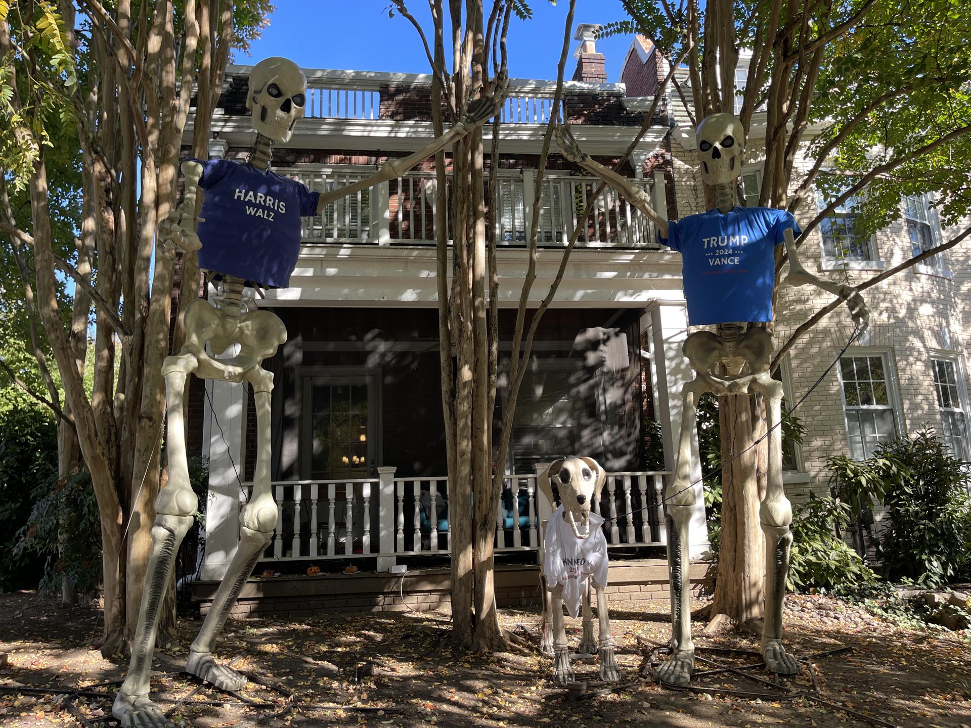 Fotografía donde se muestra una decoración de Halloween con dos esqueletos portando camisetas de la formula electoral Harris-Walz, y de Trump-Vance, en una casa en Washington (Estados Unidos). EFE/ Esteban Capdepon