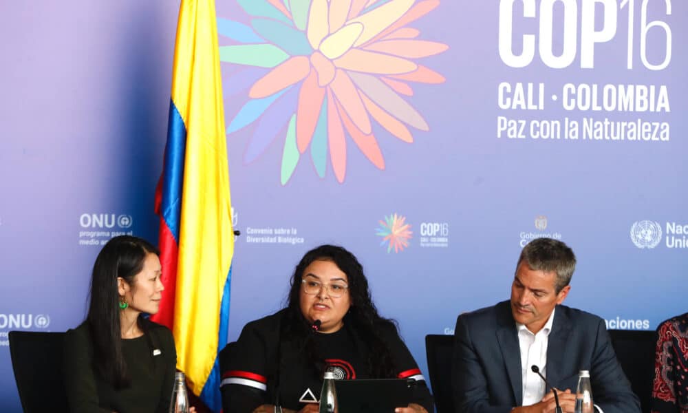 Lena Ortega (c), integrante del Comité Cultural Kw'tsán, Tribu India Quechan de Fort Yuma, habla junto a Wade Crowfoot, (d) secretario de Recursos Naturales de California y Jun Bando (i) directora ejecutiva de la Sociedad de Plantas Nativas de California, durante la COP16 este lunes en Cali (Colombia). EFE/Ernesto Guzmán