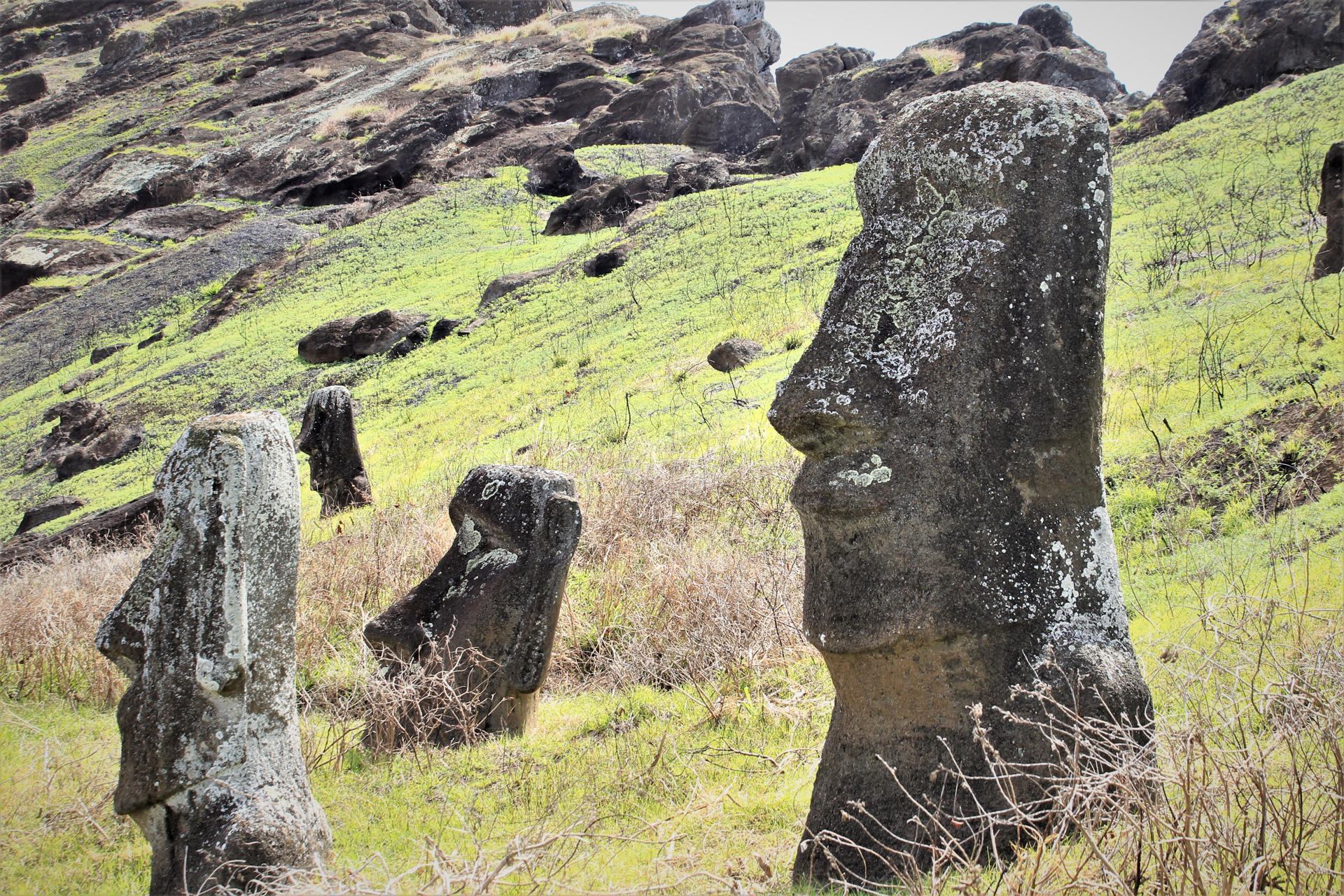 Fotografía de archivo de Moais afectados por el incendio, el 20 de noviembre 2022, en Isla de Pascua (Chile). EFE/ Javier Martín