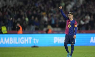 El centrocampista del Barcelona Gavi, al término del partido de LaLiga que FC Barcelona y Sevilla FC han disputado este domingo en el estadio Lluis Companys. EFE/Alejandro García