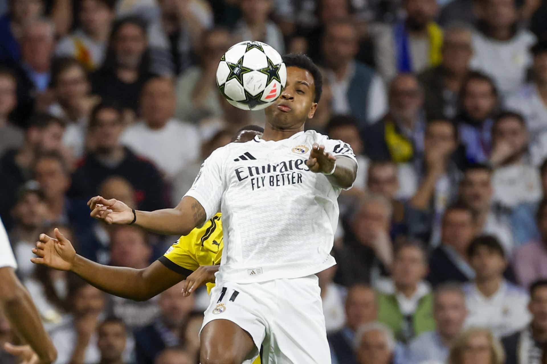 El delantero brasileño Rodrygo Goes durante un partido de Liga de Campeones. EFE / Juanjo Martín