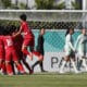 Jugadoras de la selección sub-17 de Corea del Norte celebran uno de los cuatro goles infligidos este jueves a la de México (4-1) en el partido del Mundial de la categoría jugado en el estadio de Cibao, en Santiago de los Caballeros. EFE/ Diana Sánchez