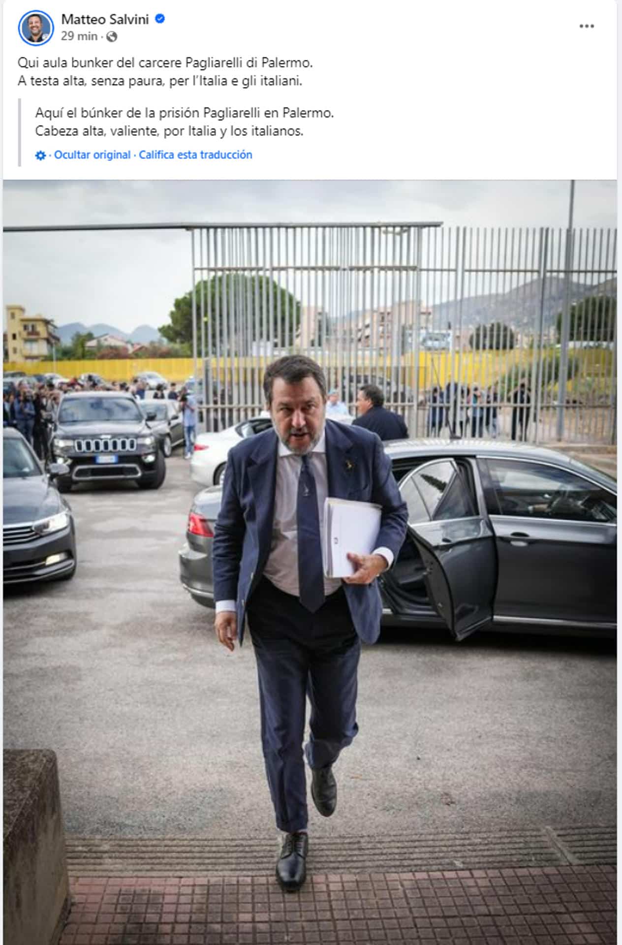 La defensa del líder ultraderechista italiano y actual vicepresidente del Gobierno Matteo Salvini pronuncia su alegato final en el juicio en su contra por impedir el desembarco de inmigrantes de la nave humanitaria española Open Arms en 2019, unos hechos por los que la Fiscalía del Tribunal de Palermo ha reclamado la pena de 6 años de cárcel. En la imagen, captura de la publicación del Matteo Salvini entrando al tribunal donde se le juzga. EFE/  Captura de la publicación de Mateo Salvini SOLO USO EDITORIAL/SOLO DISPONIBLE PARA ILUSTRAR LA NOTICIA QUE ACOMPAÑA (CRÉDITO OBLIGATORIO)