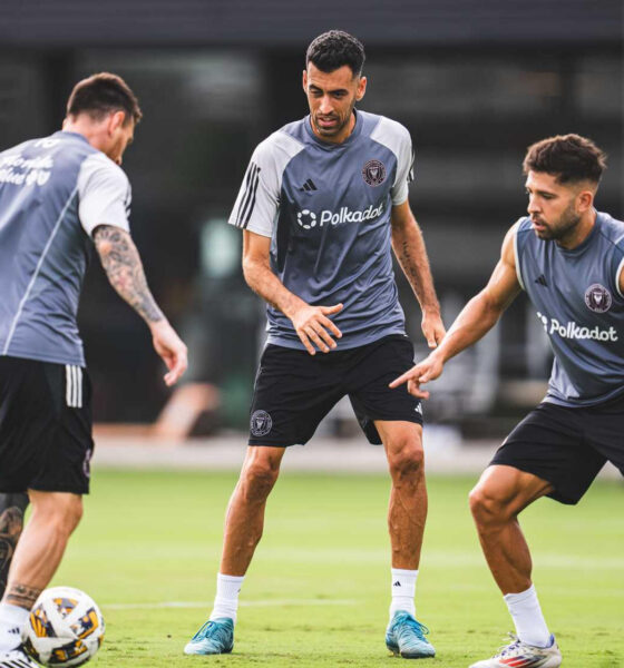 Fotografía de archivo cedida por el Inter Miami de los jugadores Leo Messi (i), Sergio Busquets (c) y Jordi Alba. EFE/ Inter Miami