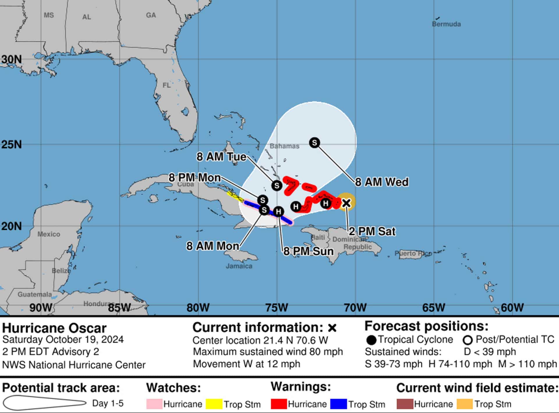 Fotografía cedida este sábado por la Oficina Nacional de Administración Oceánica y Atmosférica (NOAA) a través del Centro Nacional de Huracanes (NHC) estadounidense donde se muestra la localización de la tormenta tropical Oscar en el Atlántico. La tormenta tropical Oscar se convirtió este sábado en un huracán de categoría 1 en las Islas Turcas y Caicos y en el sureste de Bahamas, informó el Centro Nacional de Huracanes. EFE/ Noaa /nhc